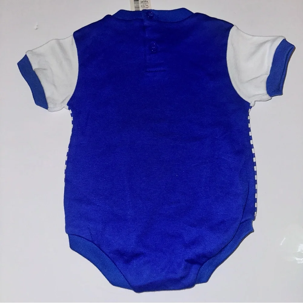 NWT Vintage Baby Kisses Romper Infant 12 Months Blue Appliqued Train stripes NEW